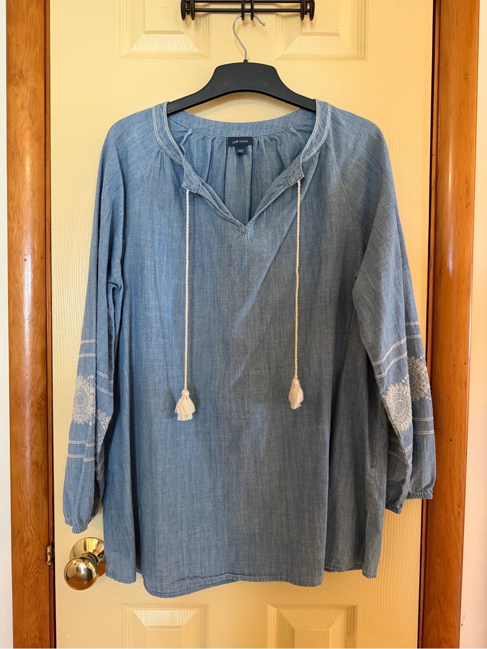 J. Jill Chambray Blue Embroidered Tassel Peasant Tunic